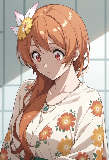 score_9, score_8_up, score_7_up, source_anime,  tachibana marika, orange hair, red eyes, long hair, 1girl, solo, hair ornament, flower, hair flower,  yellow flower, floral print, shiny hair, looking down
