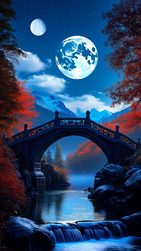 The image depicts a serene and picturesque landscape under a night sky illuminated by two moons. The larger moon is prominently positioned in the center of the sky, casting a soft glow over the scene, while a smaller moon is visible to the left. The sky is a deep blue, dotted with fluffy white clouds that add to the ethereal atmosphere. In the foreground, there is a beautifully crafted stone bridge with ornate railings, chain links and decorative elements. The bridge arches gracefully over a calm river, that cascades down some rocks, which reflects the moonlight and the surrounding scenery. The river is flanked by large rocks and boulders, adding a natural and rugged element to the landscape. On either side of the bridge, there are trees with vibrant autumn foliage. The leaves are a mix of deep reds and oranges, contrasting with the evergreen trees that have retained their green color. The trees frame the scene, creating a sense of depth and enclosure. In the background, there are distant mountains covered in snow that are partially obscured by the mist, adding a sense of mystery and grandeur to the landscape. The overall mood of the image is tranquil and dreamlike, evoking a sense of wonder and peace. 