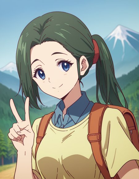 score_9, score_8_up, score_7_up, source_anime, <lora:haruhiko-mother-s1-ponyxl-lora-nochekaiser:1>, haruhiko mother, long hair, blue eyes, ponytail, green hair, medium breasts,, shirt, short sleeves, collared shirt, yellow shirt, collared shirt, blue shirt, , mountain trail, hiking, nature, backpack, adventure, fresh air, smile, looking at viewer, v, v over eyes,, solo,, dutch angle, cowboy shot