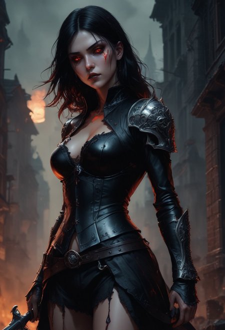 High resolution ultra-realistic of sinister High resolution Beautiful Warrior vampire girl, ultra-realistic body, perfect athletic body, Attractive girl, artgem, WLOP, realistic tight dirty black armor, standing in a sinister dark fantasy graveyard, beautiful Warrior vampire girl, fire, defiant and seductive, covered in dirt and blood, cinematic colors Lighting, extremely detailed, 8K, wavy black hair, realistic dirty bloody face, realistic red eyes, beautiful Warrior vampire girl on in cool outfit, hyper-detailed, hyper-realistic, Attractive 21 old years girl, Attractive, perfect athletic figure, handsome vampire pale bloody face, beautiful perfect detailed pupils, wet oily shiny skin, Dark Ages, intricate, smooth, sharp focus digital painting, Asymmetrical Balance, hyperdetailed painting, dynamic lighting