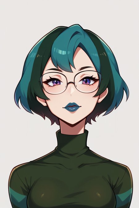 score_9, score_8_up, score_7_up, BREAK <lora:touyarokii-guy-PONYv1:1>, 1girl, solo, breasts,  <lora:gwentd-guy-ponyv1:0.8> gwentd, two-tone hair, lipstick, turtleneck sweater, glasses, looking at viewer, portrait,