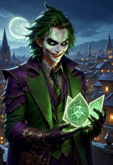 PEJoker, high quality, HD, full body, dramatic lighting, cinematic composition, detailed, dark green glowing rune costume,  intense eyes, wide smile, concept art, trending on ArtStation, (dark, evening, (vignette))), holding a dark violet glowing rune card, city, night, rooftop, moon in the sky, unfocused background