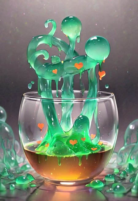 (masterpiece), (score_9, score_8_up, score_7_up,source_anime), 4K8K, very aesthetic, absurdres, best quality, 
Hyperdetailed anime style image of a slime girl, slime girl in glass, Slime overflowing from a cup, Heart mark with slime tentacles, 
transparent, see-through body, colorless skin, colorless sclera, amber eyes, orange slime, 
(emeraldmorph), slime (creature), Translucent, 
outdoors, detailed, dignified Smile, Amoeboid slime, Amoeba slime, Amoeba, Liquid slime, 
(slime girl, Petite, disproportionate breasts),