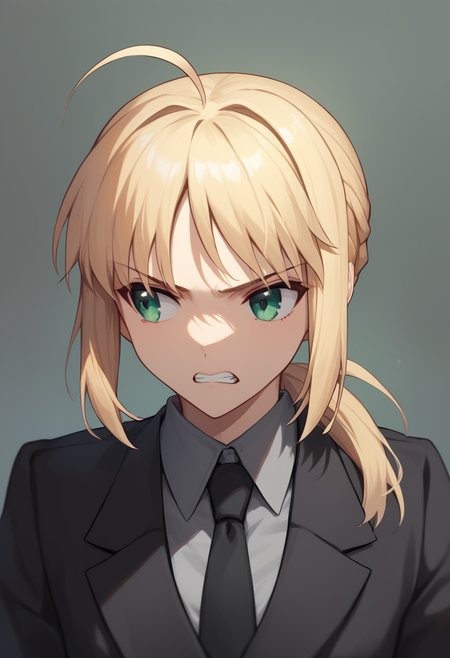 score_9,score_8_up,score_7_up,<lora:fate_zero_all:1>,1girl, character: artoria_pendragon_(fate), character: saber_(fate), solo, upper_body, leaning_forward, looking_to_the_side, clenched_teeth, teeth, green_eyes, blonde_hair, short_hair, ahoge, ponytail, black_gloves, black_jacket, collared_shirt, gloves, grey_shirt, jacket, shirt, suit, uniform, black_necktie, necktie, absurdres, highres, formal, serious