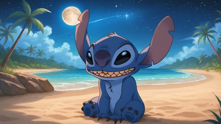 score_9, score_8_up, score_7_up, rating_explicit, source_anime, detailed skins, cowboy shot,  highly detailed, stitch,black eyes,no pupils,no humans,colored skin, blue skin, furry,sharp teeth, two-armed,claws,  grin, palm tree, night, night sky, stars, moon, cartoon, sitting, sand, detailed background, <lora:StS_PonyXL_Detail_Slider_v1.4_iteration_3:3>, <lora:Stitch:0.8>  <lora:add-detail-xl:1> <lora:Expressive_H:1>  scenery, <lora:Experiment_626_aka_Stitch_Lilo_and_Stitch_for_PonyXL:0.4> depth of field, gras, (masterpiece, best quality, high quality, highres, ultra-detailed),