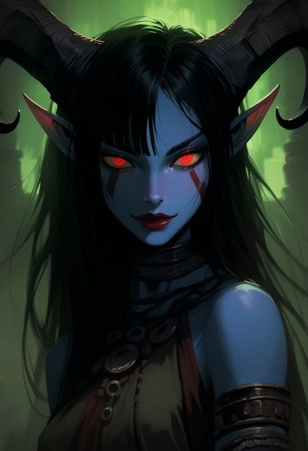 score_9, score_8_up, score_7_up, score_6_up, gthan, gthan, 1girl, gothic, portrait, beautiful, tiefling shaman, black hair, (long hair:1.3), side bangs, horns, barbarian, gladiator, war paint, tribal markings, long tail, blue skin, red lips, red eyes, glowing eyes, (smug:0.85), dramatic lights, detailed, sharp lines, dynamic, detailed drawing