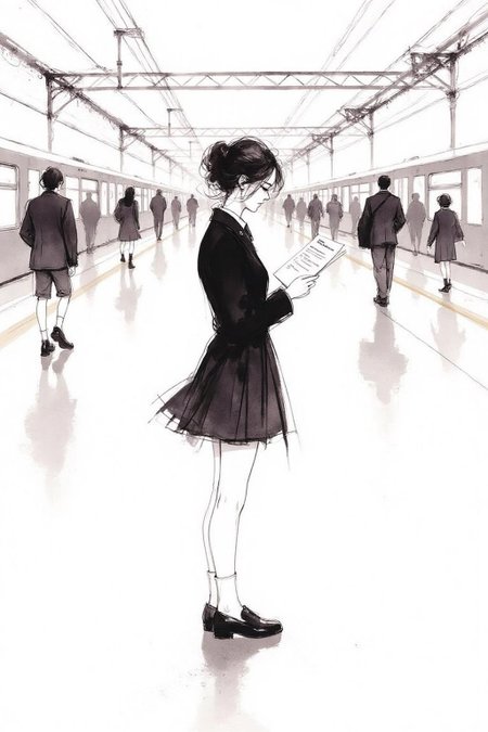 nijiwc1 watercolor ink wash brush style illustration. 
Profile of a high school student in uniform, white socks and black shoes, standing in the middle of a train station, holding two acceptance letters--one for a local college and the other for an overseas university. The station is bustling with people moving in every direction, while she stands still, eyes closed, taking a deep breath as she tries to decide which future to follow. The background is stark white <lora:inkwash_niji_nocap_d6a3:1.0><lora:806948583388535486:0>