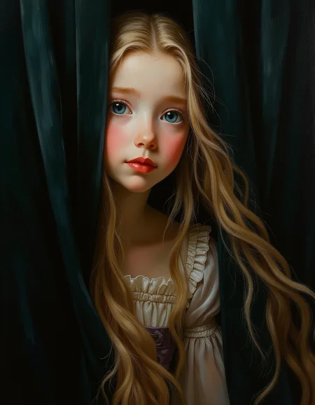 oil painting of a masterpiece, a close up portrait, a young teen princess Rapunzel, with a curious and mischievous expression on her face. She is peeking around the edge of a dark heavy velvet curtain that she is hiding behind. Her blue eyes are wide with wonder, sparkling with intelligence, as if she's just overheard a fascinating secret. Her long flowing 70 foot of blond hair flows around her. Her face is a pale, almost translucent white, with lips painted a vivid red. Her simple dress is tightly corseted, bustled, hooped, with crinoline. She pears around the curtain. The mood captures a blend of youthful innocence and the burgeoning determination of a girl destined for greatness. Her body is skinny and petite. Masterpiece, intricate lines, intriguing atmosphere, sharp magnificent details, oil painting, delicate features, elaborate details, (2\3 rule composition:0.5), ultra detailed, romantic, Rembrandt lighting, brush stroke, lovely, del1cate_balance style, novuschroma, in the style of Rembrandt. vantablack <lora:style_of_Rembrandt_FLUX_135:.8> <lora:- Flux1 - vanta_black_V2.0:.3> <lora:Delicate_Balance:.3> <lora:neeeg_f1:-1> <lora:113_novuschromaFLX_1:.2>