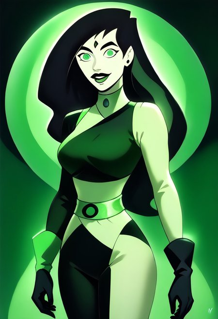 score_9, score_8_up, score_7_up, score_6_up, score_5_up, score_4_up, shego, microchip, squar3_ch1p, black gloves, black hair, bodysuit, smile, green bodysuit, green eyes, green theme, long hair, portrait, solo, (ultra realistic, 32k, masterpiece:1.2), (high detailed skin:1.1), (high quality:1.1), standing at attention, wide eyes, hypnotized, lips parted,