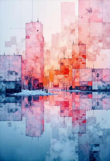 A breathtaking abstract landscape unfolds, where fuchsia and vibrant orange hues dance against a backdrop of icy blue. Minimalist forms intertwine in a surreal double exposure, evoking a cold waterfront winter light. Hyper-detailed, intricate patterns emerge within the scene, professionally captured with a sense of vastness and surreal vividness, showcasing a full-scene view. ,<lora:flux/fav/Digital painting V1.safetensors:1.0:1.0>