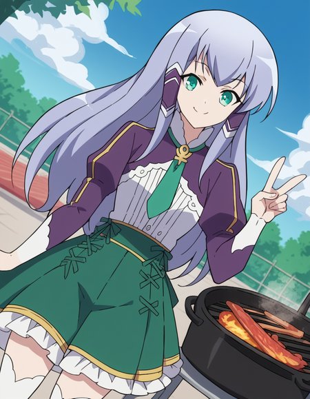 score_9, score_8_up, score_7_up, source_anime, <lora:elze-silhoueska-s2-ponyxl-lora-nochekaiser:1>, elze silhoueska, long hair, blue eyes, green eyes, blue hair, aqua eyes, hair tubes,, skirt, thighhighs, white thighhighs, puffy sleeves, white shirt, necktie, green necktie, purple sleeves, green skirt, frilled skirt, backyard, barbecue, grilling, laughter, summer evening, smile, v,, looking at viewer, solo,, dutch angle, cowboy shot