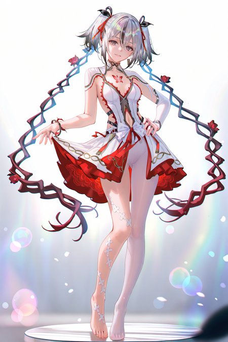 8k, best quality, masterpiece, (ultra-detailed), (high detailed skin), 
((artist:reoen),(artist:fuzichoco),(artist:atdan),(artist:torino_aqua),year 2024:0.8)1girl, [artist:wlop], [artist:ningen_mame], artist:ciloranko, [[artist:rhasta]], artist:tidsean, colorful, detailed light, light leaks, sunlight, bokeh, blurry foreground, ray tracing, lens flare, cinematic lighting, 
full body, full shot, standing, looking at viewer, (solo:1.2), simple background, (white background:1.2), hand on own hip, (white background:1.1), 
<lora:chun-noob-Tanger-000013:0.8>, 
chun, white chun-def dress, 1girl, red floral tattoo on chest, breasts, twintails, multicolored hair, grey hair, grey eyes, dress, white single pantyhose, 
A full-body portrait of a young girl, standing gracefully, pastel art style, high-key lighting, shoujo manga influence, hd quality, delicate details,