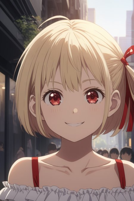 masterpiece, best quality, highres, 4k, 8k, intricate detail, cinematic lighting, amazing quality, amazing shading, soft lighting, Detailed Illustration, anime style,
chisatonishikigi, <lora:chisato-nishikigi-s1-sdxl-lora-nochekaiser:0.75>,
chisato nishikigi, short hair, bangs, blonde hair, red eyes, hair ribbon, one side up, bob cut, smile,
shirt, bare shoulders, twintails, collarbone, hair ribbon, white shirt, frills, off shoulder, red ribbon, short twintails, off-shoulder shirt, frilled shirt,
outdoors, cityscape, crowd, people, 
looking at viewer, full body,