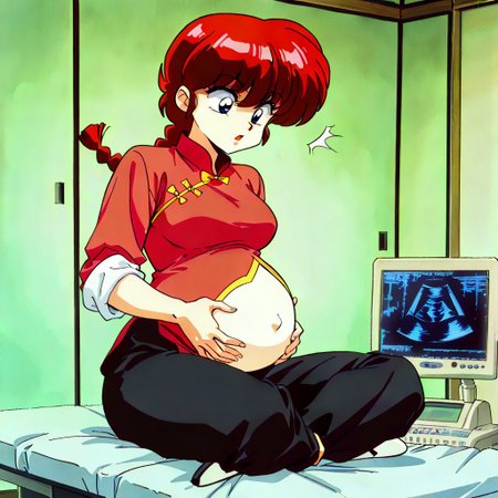 PonyXLV6_Scores, masterpiece, best quality, 4k,,
indoors, very aesthetic, detailed background, full body,
1girl, perfect eyes, anime coloring, retro artstyle, 1990s \(style\), 1girl, solo, ranma-chan, red hair, long hair, single braid, blue eyes, medium breasts, chinese clothes, tangzhuan, red shirt, (sleeves rolled up:1.3), black pants, shocked, pregnant,
<lora:ultrasound:1> ultrasound,