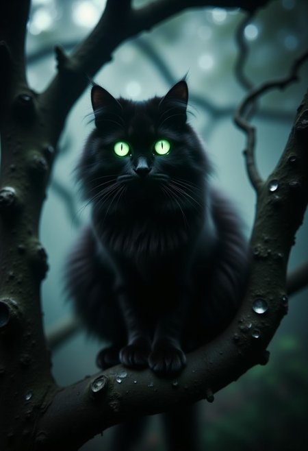 Sinister black cat with glowing green eyes perched on a twisted tree branch
    Composition: Rule of Thirds + Leading Lines (tree branch)  
    Lighting: Backlighting for glowing eyes, hard light on cat's fur for sharp detail  
    Depth: Shallow depth of field focused on cat’s face