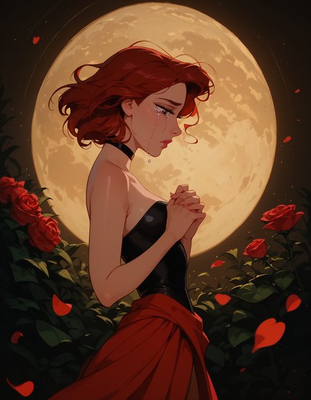 <lora:Disney_Style:.9> <lora:princess_xl_v2:.75> <lora:add-detail-xl:.9> <lora:g0th1cPXL:.3> <lora:Cherry-Gig:.45> <lora:Expressive_H:1> <lora:PLASTT_PonyV6:1>  score_9, score_8_up, score_7_up, zPDXL, DisneyRenstyle, score_9,score_8_up,score_7_up,score_6_up, scenic balcony, night, moon, moon light, (red flower petals floating behind girl, floating rose petals behind girl, romantic), (((standing, 3/4 view, side view, side profile))), 
1girl, attractive 18 year old, red hair, short hair, messy hair, brown eyes, (((sad expression, tears, heartbroken))),  (((hands together, looking down))), (solo), (black leotard:1.2, high neck), (red sarong, black choker), shiny skin, perfect reflection, small hips, slender, hourglass figure, attractive, shiny skin, perfect reflection, small hips, slender, perfect face, perfect hands, g0thicPXL, Expressiveh, 
score_9, score_8_up, score_7_up, depth of field, realistic shadow, motion lines, Expressiveh, realistic, dramatic lighting, beautiful, animation, sharp focus, award winning, masterpiece,  dynamic, cinematic lighting, great attention to skin and eyes, breathtaking, exquisite, exceptional,