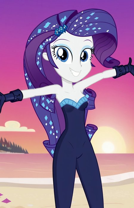 detailed eyes, Rarity, looking at you, 1girl, solo, arms stretched, spread arms, happy eyes, high hells, open high heels, legs, crystal high heels, dark blue socks, scattered diamonds on lower legs, show body, happy face, smiling, teeth, dusk, breasts, petite body, beach, sunset, scattered diamonds in hair, sparkling hair, hair glitter speckles, strapless bodysuit, dark blue outfit, dark blue gloves, (flat shading, soft shading), ((equestria girls, show accurate:1.2))