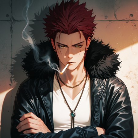 masterpiece, best quality, amazing quality, absurdres, newest, detailed background, definition so sharp, Ultra-HD, 8K cinematic, very awa, impressionate, amazing quality, highres, 
solo, male focus, manly, shadow, shiny skin, bokeh, warm light, light particle,
1boy, spiked hair, short hair, mikoto_red hair, mikoto_yellow eyes, mikotosuoh, black jacket, fur trim, v-neck, white shirt, necklace, ear piercing, crossed arms, calm face, smoking, smoke,