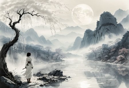 Mikasa Ackerman (Attack on Titan), Chinese ink wash style, dreamlike landscape, mist-shrouded mountains, flowing river, weeping willow tree, full moon, Mikasa gazing into the distance, flowing white dress, subtle hint of bare skin, soft light and shadows