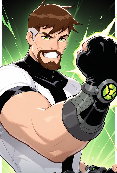 <lora:ben10k-10:1> ben10k, brown hair, male focus, facial hair, beard, short hair, mustache, mature male, muscular, green eyes, white shirt, turtle neck,  full facial hair,, two-tone hair, black gauntlet on right arm, fingerless gloves, glowing green  symbol on gauntlet, angry, smile, clenched teeth, punching, raised one arm, clenched fist, solo,, masterpiece, best quality, amazing quality, very aesthetic, absurdres, newest,, upper body, halftone effect, white borders, abstract background:1.2,
