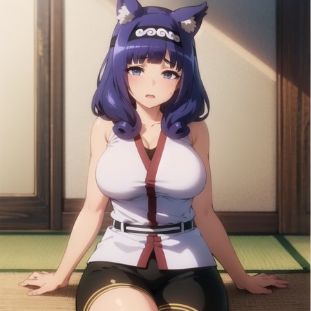 beautiful, masterpiece, best quality, extremely detailed face, perfect lighting, 1girl, solo,  <lora:HitamuKyan:0.7>, hitamukyan, hairband,  shirt, bike shorts, belt,