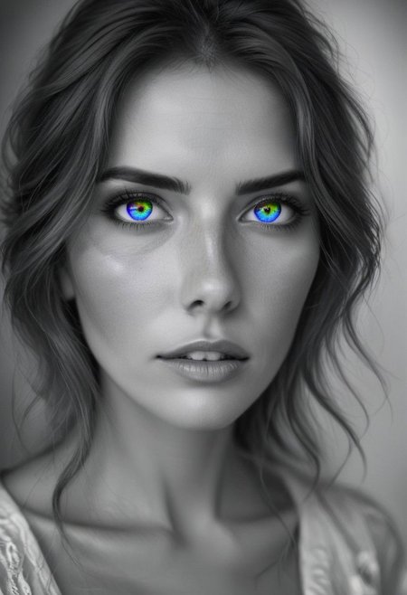 Masterpiece, realistic picture, thoughtful woman, black and white face tones,. professional advert photography, shining Rainbowiridal eyes, intense gaze