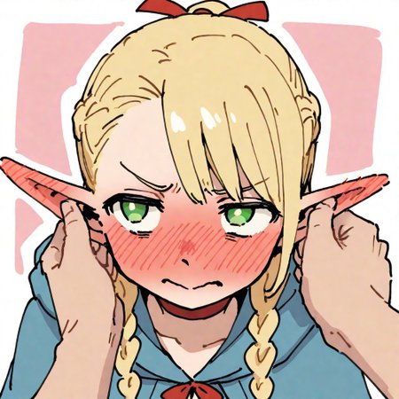 masterpiece, best quality, good quality, very awa, firedotinc, 1girl, solo, marcille donato, dungeon meshi, pointy ears, elf, tsundere, embarrassed, blue capelet, red ribbon, pov hands, pov, grabbing another's ear, holding ears, hand on another's ear, heisei retro, yume kawaii, pastel colors, white outline, thick outlines, <lora:ai_styles_collection_noob_vpred-1.0-v4.02:1>