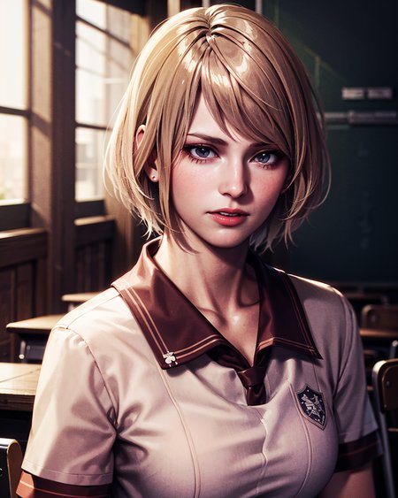 1girl, portrait of shot of re4ashley, athletic, black school uniform, white shirt, classroom, volumetric lighting, best quality, masterpiece, intricate details, tonemapping, sharp focus, hyper detailed, trending on Artstation, realistic, <lora:sxz-ashley-graham:0.6>