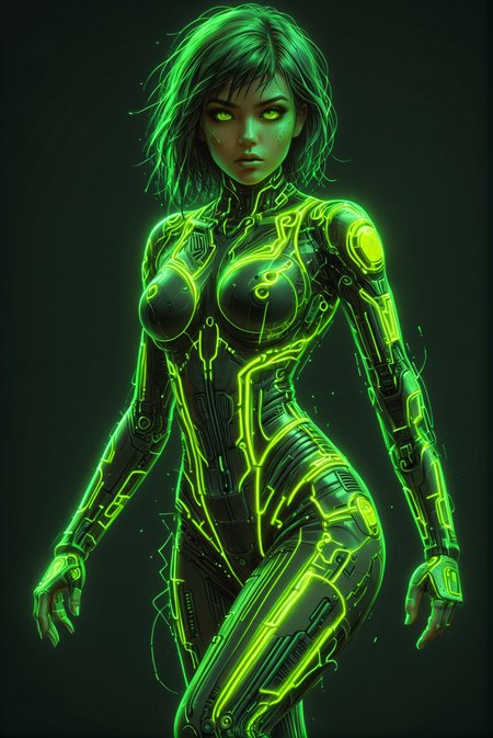 cyberpunk girl, neon_green outline, dark neon_yellow backgroung, scifi, 1980s, retro Running pose, athletic, cleavage  <lora:Dystopia:0.8> <lora:Neon_Cyberpunk_SDXL_-_Cyberspace:0.8> mad-cyberspace,, (masterpiece:1.2), best quality, (hyperdetailed, highest detailed:1.2), high resolution textures