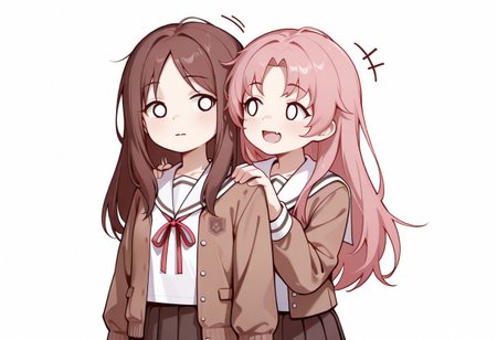lazypos, girl focus, multiple girls, 2girls, school uniform, brown hair, fang, long hair, skirt, white background, long sleeves, simple background, pink hair, neck ribbon, open mouth, solid circle eyes, o_o, :d, smile, shirt, behind another, pleated skirt, serafuku, motion lines, parted bangs, jacket, closed mouth, ribbon, looking at another, hands on another's shoulders, arms at sides, AkiFnStyle, YoruuStyle