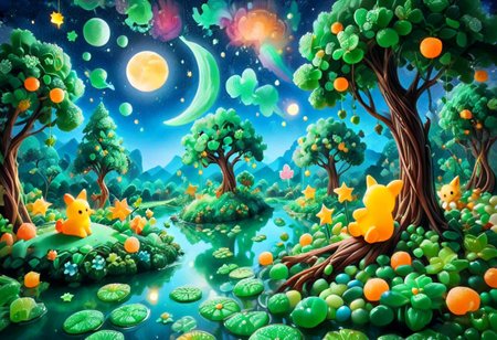 Sinoink, score_9, score_8_up, score_7_up, score_6_up, 1girl, chibi,  sitting on candy tree branch , made out of jade, fresh, refreshing iridiscent, night sky, candy moon, candy stars, magical orchard , bokeh, midjourneyv6.1