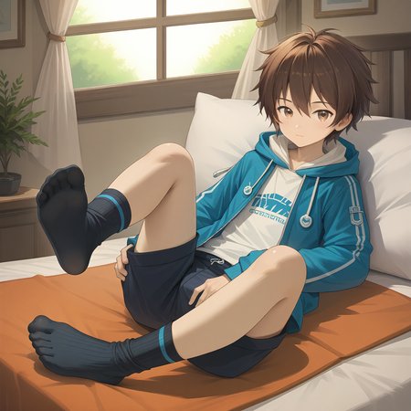 score_9,score_8_up,score_7_up,source_cg,masterpiece,best quality,high-detailed BREAK <lora:fxs:0.7>,1boy,male focus,brown hair,brown eyes,closed mouth,looking at viewer,jacket,long sleeves,bangs,short hair,hair between eyes,solo,shirt,full body,no shoes,shorts,hoodie,(hood down:1.2),bedroom,bed,lying,black socks,foot focus,legs up,