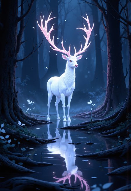 A glowing white stag with ethereal, luminous antlers stands in the center of a dark, enchanted forest. Its body is illuminated with soft white light, and its tall antlers appear to glow with pastel hues of pink, purple, and blue, blending into the surrounding atmosphere. The stag stands still, facing forward, with delicate white leaves floating around it, as if carried by a magical breeze. Its reflection is perfectly mirrored in the calm, dark water at its feet. The stag's eyes are calm and wise, radiating a sense of mystical serenity.   The forest around the stag is dark, with tall, shadowy trees, creating a deep contrast to the glowing figure. Small white leaves drift gently, surrounding the stag in an otherworldly, dreamlike scene. The lighting is soft and atmospheric, with deep blues and purples, giving the scene a magical, peaceful quality. The stag is centered in the image, framed by the dark forest and illuminated by its own glow, creating an ethereal and mysterious mood.    <lora:FluxMythP0rtr4itStyle:0.8> MythP0rt, <lora:aidmaMJ6.1-FLUX-V0.2:0.6> aidmaMJ6.1, <lora:sxz-Dark-Fantasy-v2-Flux:0.66> drkfnts style,