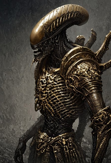 score_9, score_8_up, score_7_up, score_6_up, score_5_up, score_4_up,<lora:Fant5yP0ny:0.8>, xenomorphic creature from Lords of the Fallen, black templar armor, gold sword of Pieta, solo, gold eyes, blood on face, art by hr giger, ornamental armor, bronze cuirass