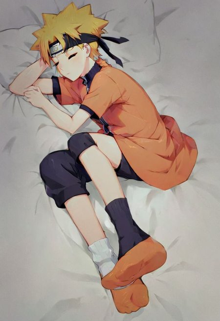 ,,naruto
  wearing socks on feetsleeping in bed,black shorts,so cute ,so sweet,
smooth top of head,