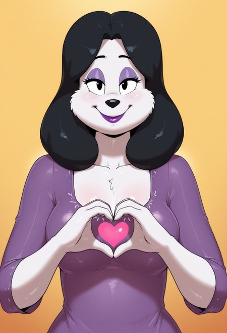 , 1girl, solo, medium build, medium hair, covered skin, flowy dress,  black eyes, purple lipgloss, smiling, portrait, upper body, heart hands, mature female, foreshortening, detailed, newest, shiny skin, cowboy angle, solo focus, furry, anthro, furry female, long hair, mdthetest, small breasts, orangepeel