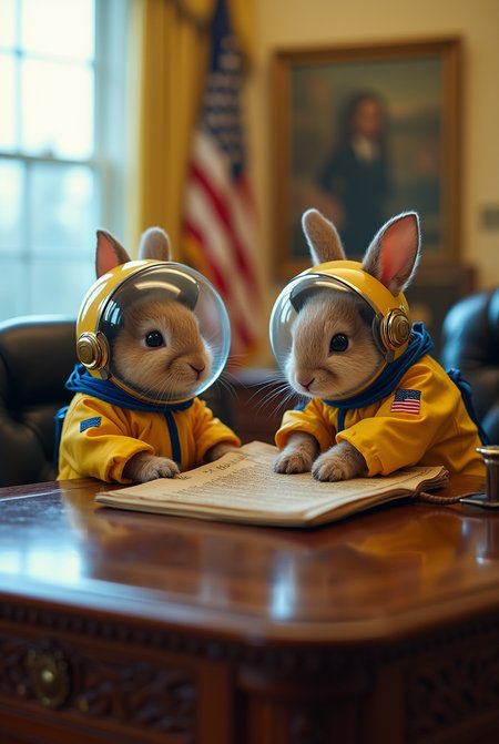 In the heart of the White House, the tiny space bunnies, dressed in their yellow and blue space suits with round helmets and metallic rabbit ears, are perched on the desk in the Oval Office. One bunny tries to "pilot" the room by pushing buttons on the President's phone while another clutches a rolled-up copy of the Constitution like a treasure map. Security guards burst into the room, but the bunnies are already hopping away, leaving behind tiny muddy paw prints on a priceless rug.