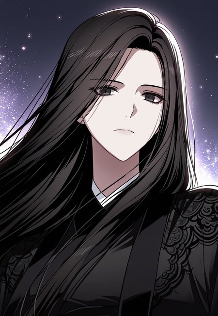 <lora:Seo_Baek_Hyang__SSS_Class_Suicide_Hunter__Illustrious:1>
1 girl, solo, black eyes, black hair, long hair, straight hair,
black hanfu, long flowing robe, embroidered sleeves, wide sleeves, layered dress, sash belt,
masterpiece, best quality, intricate details, gothic fantasy, upper body portrait, dramatic pose, confident gaze, cinematic lighting, clean background, glowing magical particles, detailed face, vibrant colors