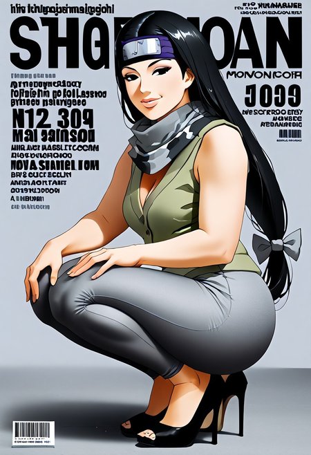 kin tsuchi, full body, black hair, low-tied long hair, black eyes,half closed eyes, big breasts, neckline, huge butt, full lips, forehead protector, hair bow, makeup, smile, sweater green vest, cleavage, open vest, grey scarf, arm warmers, black textured leggings,  leggings, ass, high heels, peep toe heels, black stiletto heels, squatting pose 
<lora:magazine-cover-ponyxl-lora-nochekaiser:1>, magazine cover, fake magazine cover, cover, fake cover, price, cover page, text focus, barcode, content rating, dated,