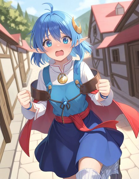 <lora:so2rena_SDXL_Illustrious_fp16_ver04:1> ,so2rena, 1girl, skirt, blue hair,blue eyes, ahoge,crescent hair ornament, red cape,shirt,blue skirt,long sleeves,brooch,loafers, cape,thigh loose socks,panicking,carry_me,village, looking at viewer,, masterpiece, best quality, very aesthetic, absurdres,<lora:detailed_hands:1>,hand