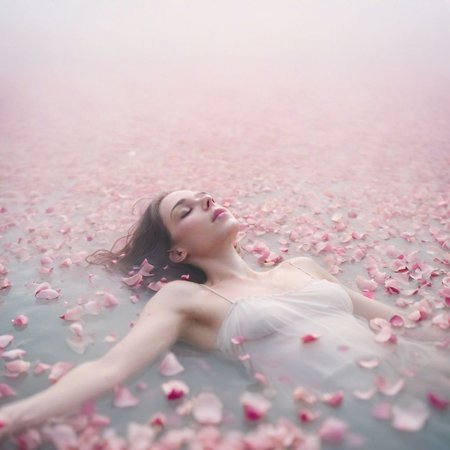person floating, sea of rose petals, barely veiled, dreamlike, soft lighting, hazy atmosphere, delicate, pastel colors, out of focus, ethereal, weightless