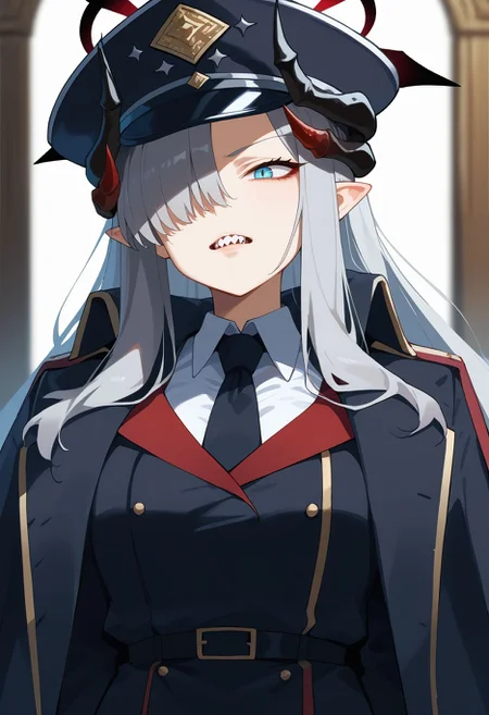 score_9,score_8_up,score_7_up,<lora:hanuma_makoto_blue_archive_pdxl_goofy:1> makotoBa, large breasts,grey hair,very long hair,demon horns, sharp teeth,  hair over one eye, mature female, 1girl, halo, horns, black necktie, hat, upper body, military jacket, white shirt, peaked cap, parted lips, military uniform, coat, collared shirt, black headwear