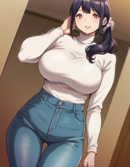 score_9, score_8_up, score_7_up, source_anime, <lora:hitomi-rinmuro-ova-ponyxl-lora-nochekaiser:1>, hitomi rinmuro, long hair, large breasts, black hair, hair ornament, purple eyes, ponytail, scrunchie, hair over shoulder, lips,, sweater, turtleneck, long sleeves, pants, denim, white sweater,, indoors, smile, looking at viewer, solo,, cowboy shot, dutch angle