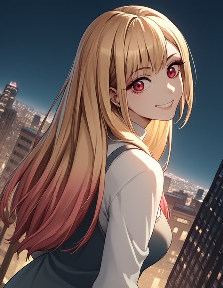 score_9, score_8_up, score_7_up, source_anime, marinkitagawa, <lora:marin-kitagawa-ponyxl-lora-nochekaiser:1>, marin kitagawa, long hair, bangs, blonde hair, red eyes, multicolored hair, medium breasts,, <lora:shaft-look-ponyxl-lora-nochekaiser:1>, shaft look, looking back, from behind, head tilt,, cityscape, street, smile,, cowboy shot, dutch angle, solo,