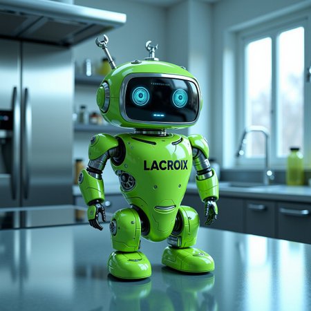 cybotix style, photorealistic, intricately detailed amateur raw photography, high dynamic color range, glossy, BREAK,  a green aluminum can of lime seltzer water labeled 'LACROIX' transformed into a tiny futuristic robot. The robot should have metallic arms and legs emerging from the can, with delicate glowing LED lights running along the edges of its body. The 'LACROIX' branding remains prominent on its chest, and its head is a small digital screen displaying animated eyes. The robot's arms are holding miniature tools like a wrench and a screwdriver, with a sleek, glossy metallic surface. The setting is a clean, minimalist futuristic kitchen with smooth countertops, chrome appliances, and ambient blue lighting.