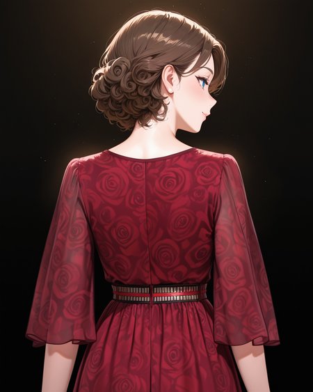 Positive: Masterpiece, best quality, amazing quality, very aesthetic, high resolution, ultra-detailed, absurdres,
1girl,solo,brown_hair, short_hair, curly_hair,blue_eyes, mature_female,    
red v-neck belt rose print chiffon dress,
cowboy_shot,
black_background,from_behind, 
