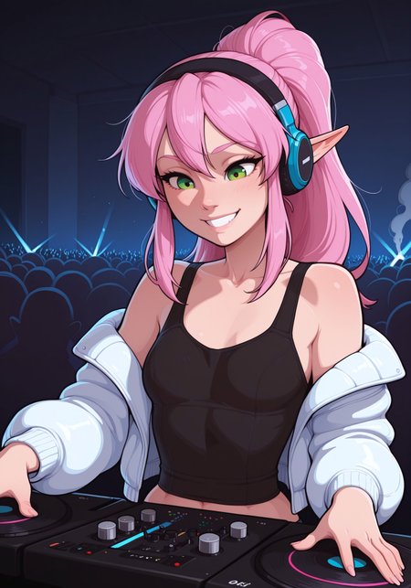 masterpiece, best quality, amazing quality, very aesthetic, absurdres, 5p4rr0w, artist style, 1girl, sexy, elf dj, green eyes, elegant hairstyle, long hair, pink hair, long hair, small breasts, tank top, headphones, detailed face, lineless, incoth, (incase:0.6), black tank top, white puff jacket, headphones, grin, concentrating, turntable, speakers, colorful light show, smoke, sound equipment, dj, rave, indoors, crowd in foreground,