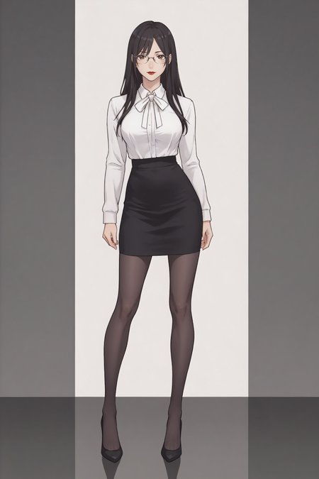 score_9, score_8_up, score_7_up, BREAK source_anime, <lora:Mayuri Hanyuu-PonyXL-lora-Faxtron:0.8> mayuri hanyuu, brown eyes, black hair, long hair, medium breasts, red lips, glasses, white shirt, white neck ribbon, pencil skirt, black pantyhose, high heels, standing,