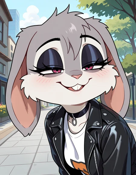 masterpiece, best quality, very aesthetic, absurdres,
outdoors, 
headshot,
black choker, t-shirt, leather jacket, 
seductive smile, long eyelashes,
 <lora:Violet_v01_NAIXL:1>
V10l37,1girl,solo,furry,furry female, rabbit girl, rabbit ears, animal nose, buck teeth, body fur, grey fur,