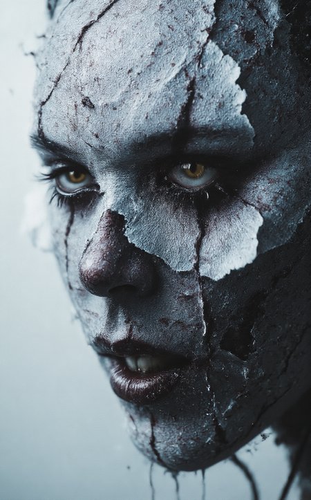 A close-up of the robot woman’s face, distorted by the uncanny valley effect. Her features look as if they were molded from a rubber mask—too smooth, unnaturally perfect, almost like a parody of a human face. The synthetic skin, mimicking flesh, peels slightly at the edges, revealing the cold metallic frame beneath, a tangle of wires, gears, and hydraulic mechanisms that shift faintly, as if struggling to hold the mask in place. Her mouth is slightly open, but instead of a tongue or teeth, thin cables and microchips glimmer faintly inside, pulsing with a weak light.

But her eyes... They are incredibly alive, deep, almost human. Their color is rich and warm, with intricate details that make them indistinguishable from real ones. They stare directly at the viewer, piercing through the soul with their gaze. In them, there’s a mix of pain, hope, and unspoken emotions, as if behind this mechanical shell lies a true personality, trapped within a metal body. The intensity of her eyes contrasts sharply with the eerie unnaturalness of her face, creating a sense that she is both a machine and something far greater.

Raindrops slide down her rubber-like mask, catching on the edges where the skin transitions into metal, and fall like tears. The light from a distant streetlamp reflects in her eyes, adding depth and life to them. This close-up forces the viewer to pause, blending fear and compassion, because behind this haunting mask lies a soul that looks at the world with hope and pain, as if pleading for understanding